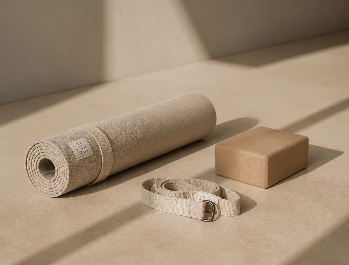 Linen mat, cork block and cotton strap on a sand-coloured floor